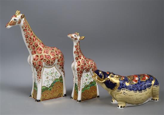 Three Royal Crown Derby paperweights, Hippo 20cm long